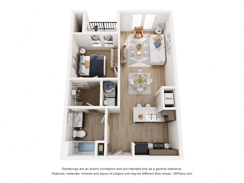 Floor plan for 1 bed, 1 bath, 653 sqft